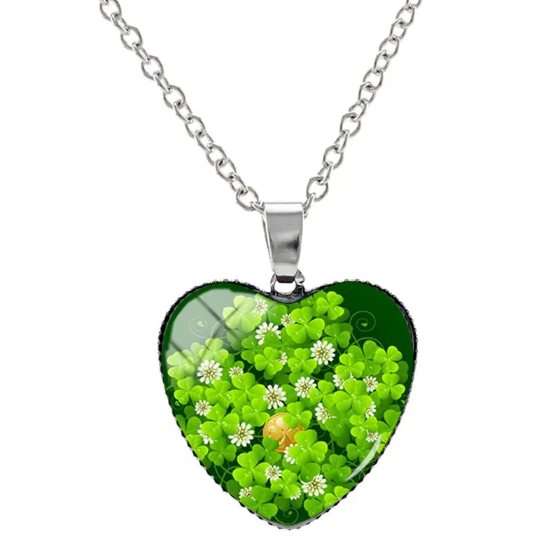 JWEIJIAO, зеленые растения, четырехлистный клевер, ожерелье s в форме сердца, стеклянный кабошон, фото, подвески, ожерелье, серебряный цвет, длинная цепочка HP215 - Окраска металла: QF323