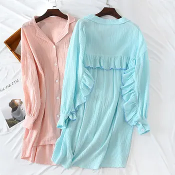 

2019 Spring and Summer Cotton Crape Cloth Long Sleeve Thin Leisure Nightgown Sexy Nightwear Solid Sleep Wear Home Sleeping Dress