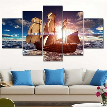 

5 Panel Modern Canvas Prints Sea Boat Sunset Painting Beach Seascape