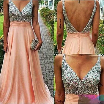 

Sparking V-neck Sequined Prom Long Dress Contrast Color Backless Dress Chiffon Sleeveless A-line Evening Dress 2018 Gala Jurken