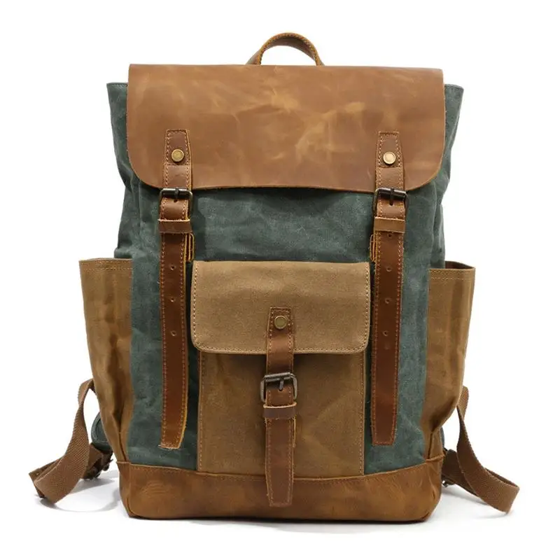 

JIULIN Oil Wax Canvas Cow Leather Backpacks Unisex Waterproof Rucksacks 15" Laptops Daypacks Large Capacity Vintage Mochilas