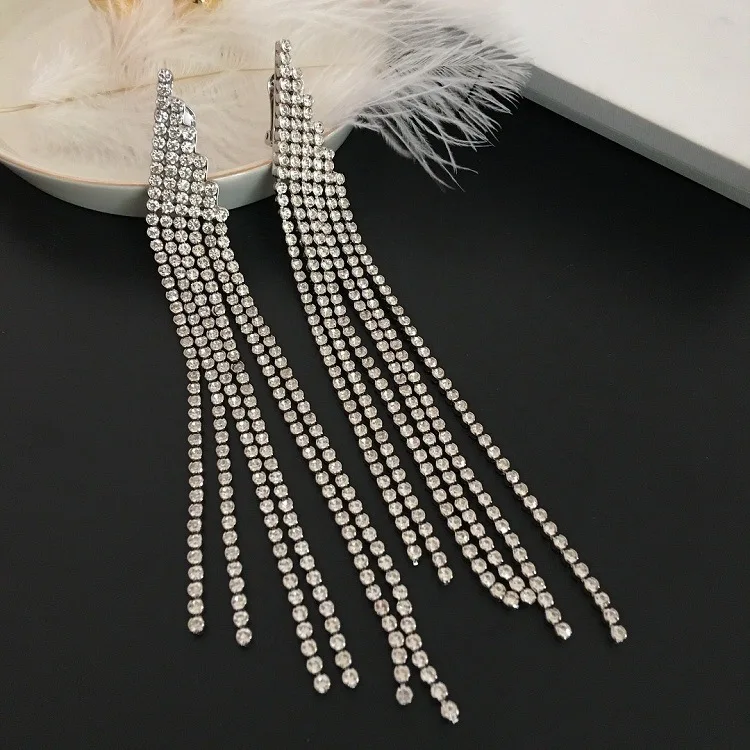 

19 new crystal tassel long ear clip female upscale temperament earrings