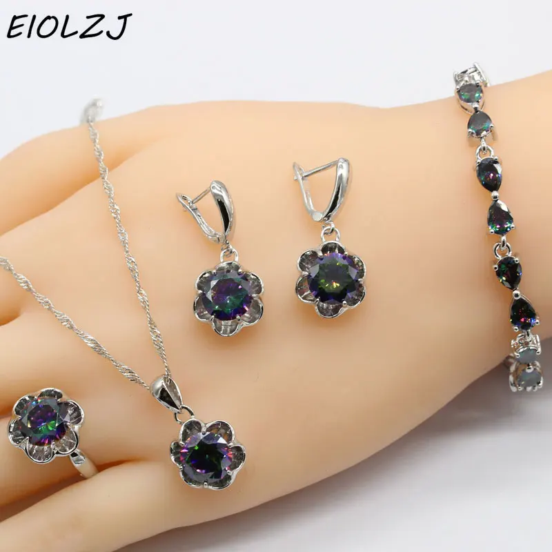 

925 Sterling Silver Jewelry Sets For Women's Wedding Flower Multicolor Crystal Earring Sets Necklace Ring Drop Earrings Bracelet