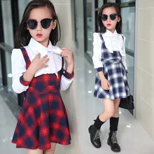 Girls Dresses Long Sleeve England Style Cotton Plaid Kids Dresses For Girls Clothes False Two Pieces School Girls Blouses