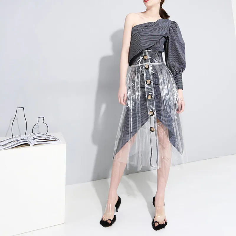 

Johnature 2019 Transparent PVC Plastic Empire Single-breasted Skirt Summer New Button Pockets Knee-length Fashion Women Skirt