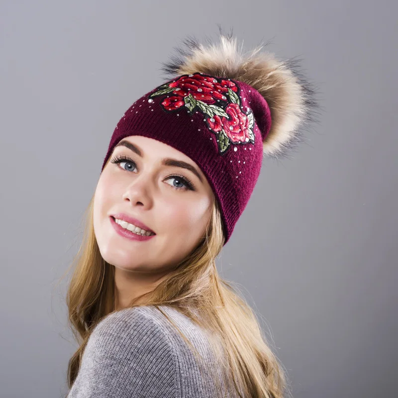 Winter Hat Women Knit Beanie Warm Cap Wool Flower Real Raccoon Pom Pom Autumn Casual Outdoor Ski Skullies Snow Accessory (28)