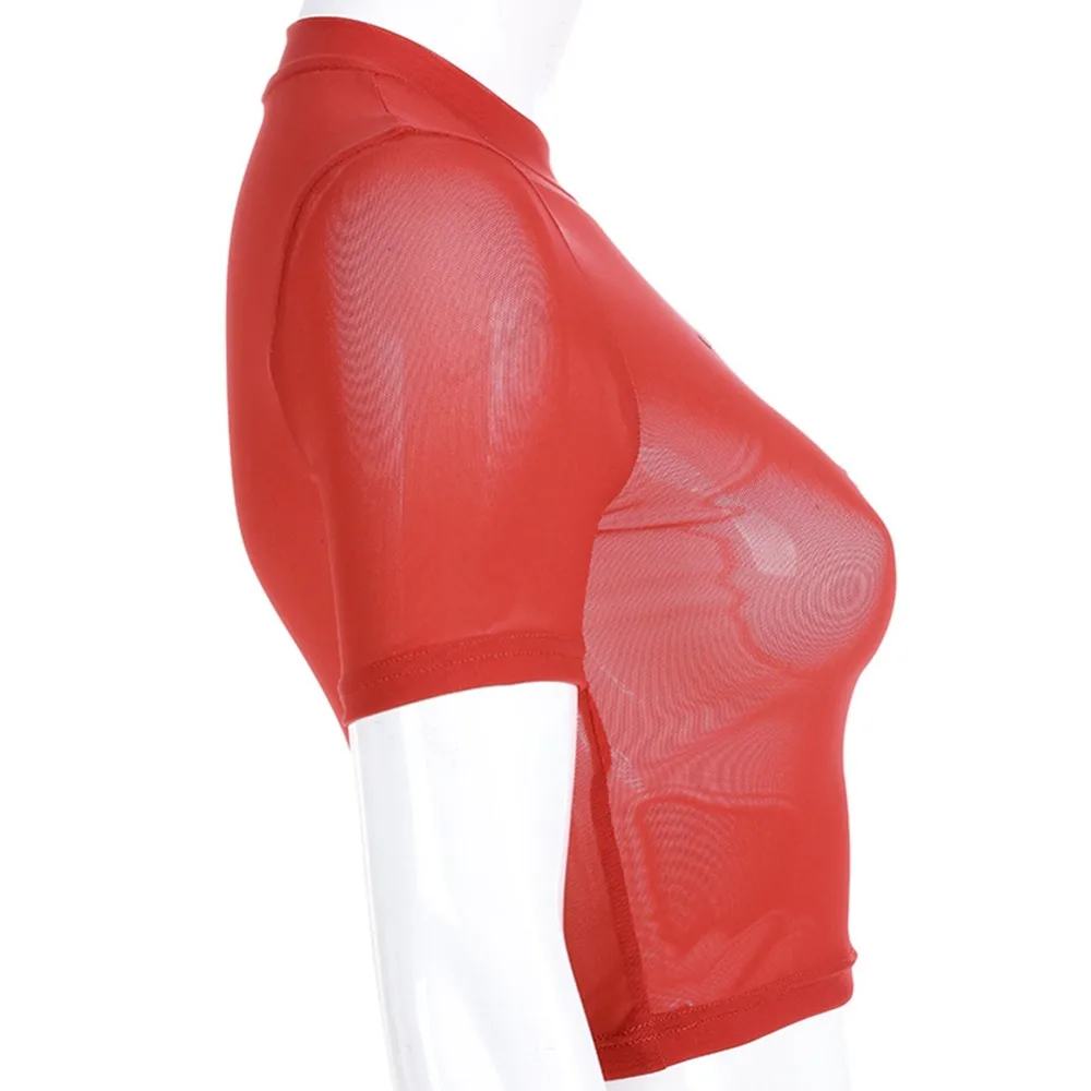 Модная Летняя Сексуальная сетчатая Прозрачная Футболка, хит, женский короткий топ с вышивкой, красные футболки, Camiseta