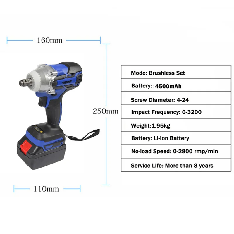 TENWA 21 в ударный Аккумуляторный Электрический ключ бесщеточный ключ профессиональный электроинструмент перезаряжаемая литиевая батарея с двумя батареями