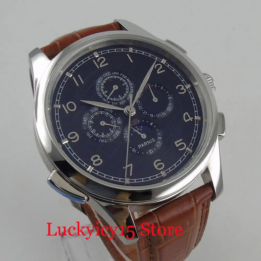  PARNIS Classic Style Men's Watch With Month and Week Function Brown Leather Strap 44mm Automatic Wa