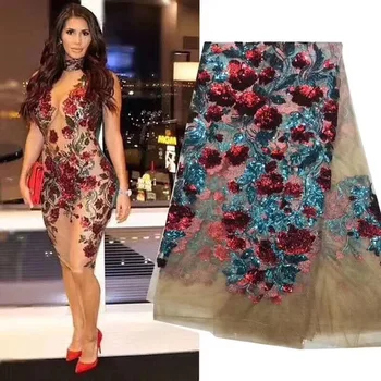 

Red Green Velvet Lace Fabric for Dresses Latest Nigerian French Tulle Lace with Sequin High Quality African Sequins Lace Fabric