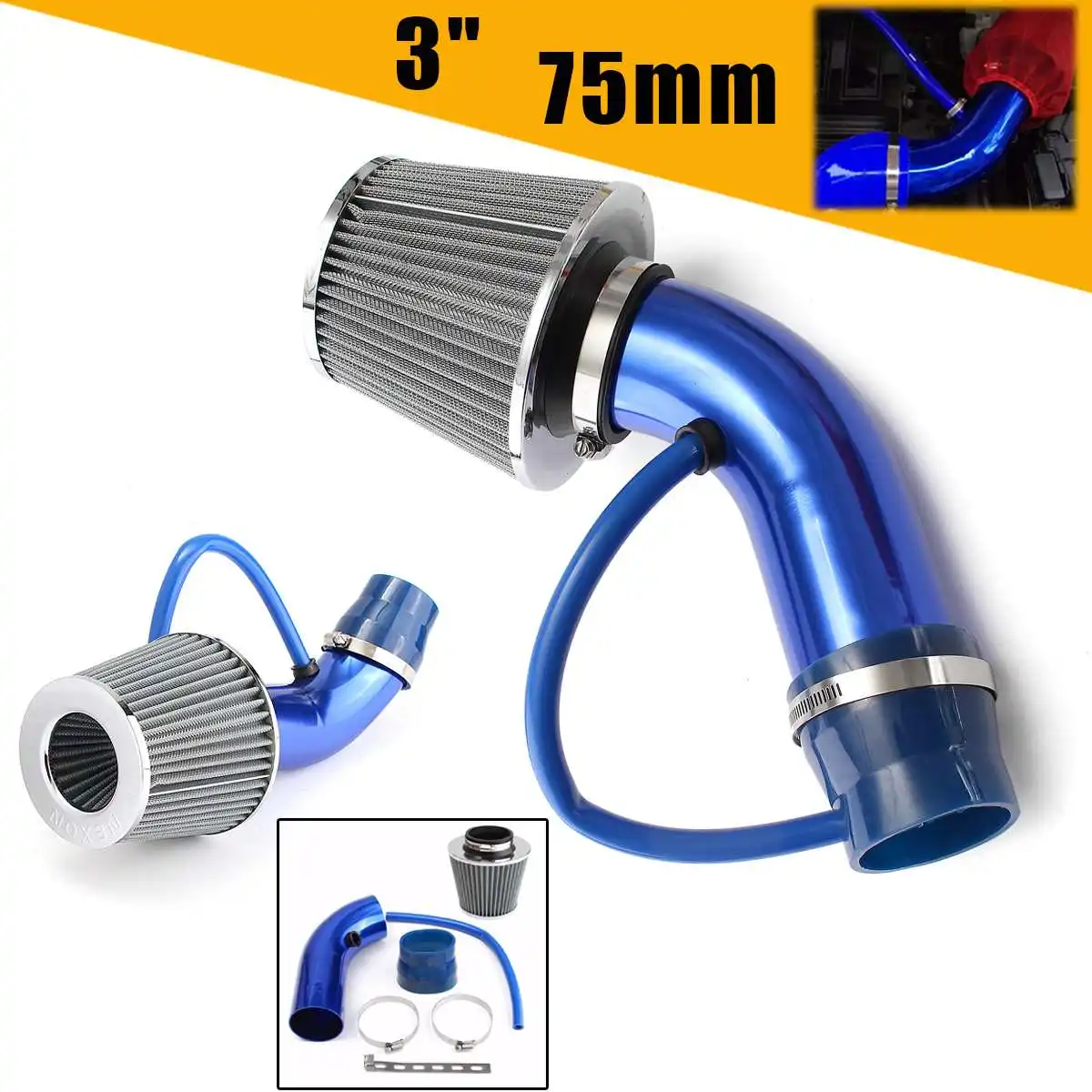 

3inch Air Intake Kit Pipe Filter Hose Universal Short Racing Power Flow Clamp Braket Set Air Intake Parts Filter Pipe Kit