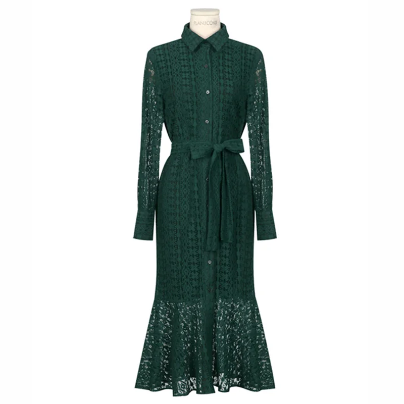 Модное кружевное платье с длинным рукавом, весна, женское, с вырезом, тонкое, для работы, офиса, для девушек, винтажное, длинное, элегантное, vestidos mujer - Цвет: dark green