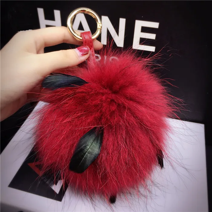 

Big Fluffy Genuine Fox Fur Pom Poms Handmade Leather Strap Bag Charm Keychain Pompom Key Chain Holder Ring Luxury Gift F276