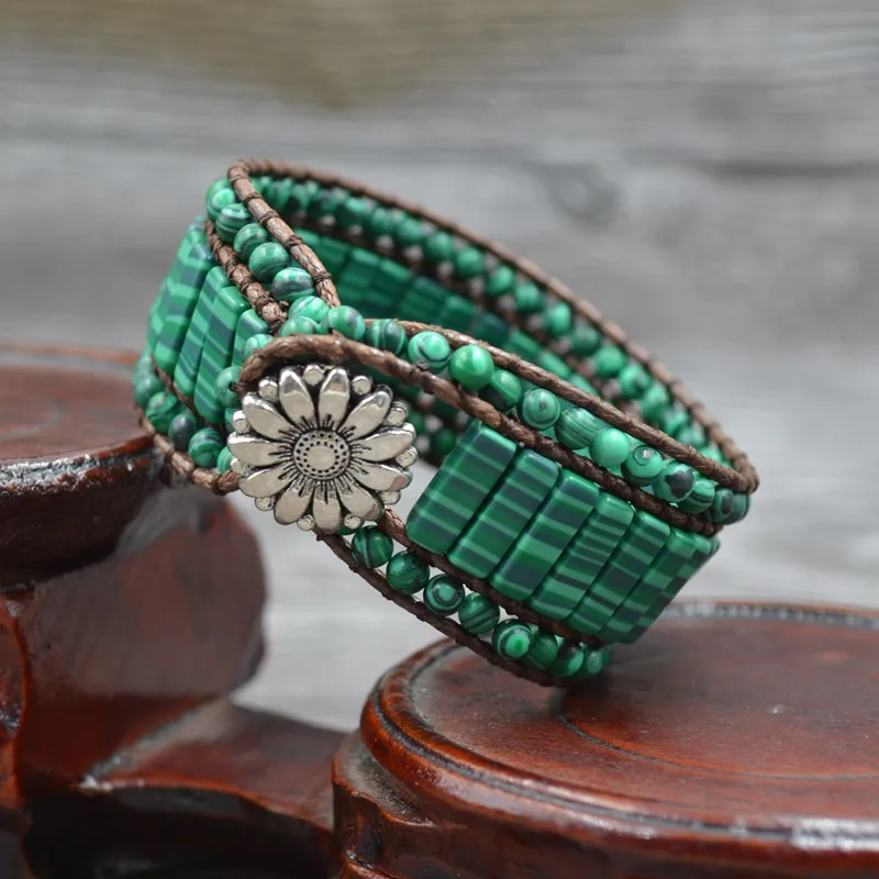 Cuff Bracelet Unique Wrap Bracelets Wholesale Handmade Bohemian Woven malachite Stone Bracelet Women Jewelry 2017 new triple leather wrap bracelet for women fancy stone handmade multilayer czech glass beads leather rope jewelry