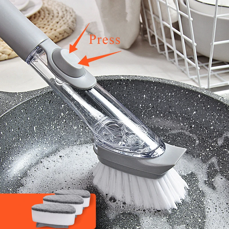 

Brush with 3 Replaceable Sponge Couring Pad Washing Long Handle Pan Pot Brush Dish Bowl Washing Cleaning Brush Household Kitchen