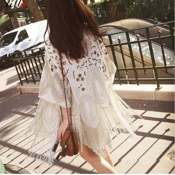 

High quality embroidery Flare Sleeve Chiffon Beading shawl coat Fashion spring summer autumn women's versatile shirt chiffon shi
