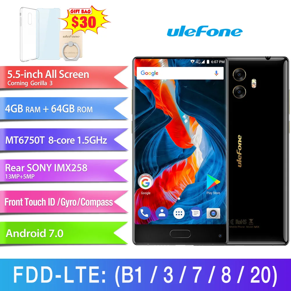 Ulefone mezcla 13MP Dual Cámara teléfono móvil 5,5 pulgadas MTK6750T Octa Core Android 7,0 4 GB + 64 GB de huellas dactilares 4G Smartphone