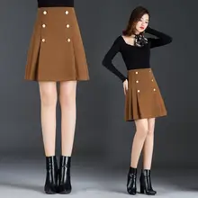 Осенне-зимняя повседневная Милая женская плиссированная шерстяная юбка с высокой талией, осенняя Женская двубортная шерстяная юбка 4xl черного цвета