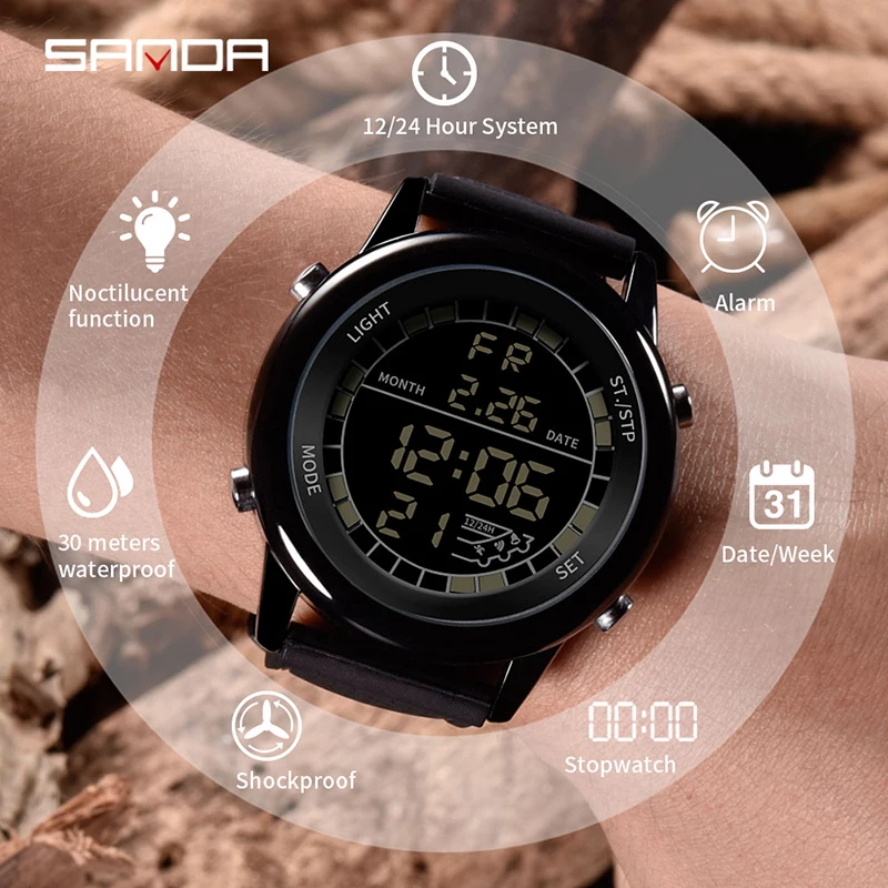 

SANDA Stainless Steel Case Digital Mens Watches Top Brand Luxury Military Sport Watches Waterproof Clock Male Relogio Masculino