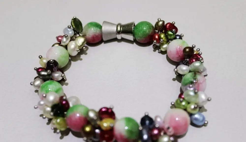 

12mm Colored stones multi-color freshwater pearl Bracelet 4-7mm 8INCH >>> -Top quality free shipping