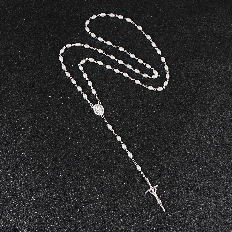 KOMi White Rosary Beads Cross Pendant Long Necklace For Women Men Catholic Christ Religious Jesus Jewelry Gift R-231