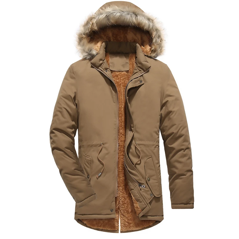 

Loldeal Men's Hooded Faux Fur Lined Warm Coats Outwear Winter Jackets Washed and velvet plus cotton hat plus long coat