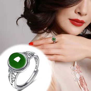 

2020 New Limited Women Anillos Anel Masculino Anel Hetian Ring 925 Silver-inlaid Spinach Greenstone Female Retro Palace Style