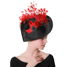 Винтажная черная имитация льняной вуалетки с красным пером женская шляпа для свадьбы церковная фетровая шляпа Pillbox Шляпа Дерби женское платье шляпы