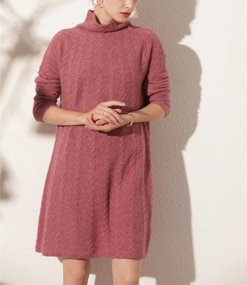 goat cashmere thick twisted knit women fashion high collar pullover sweater dress mid-long H-straight solid color S/M/L