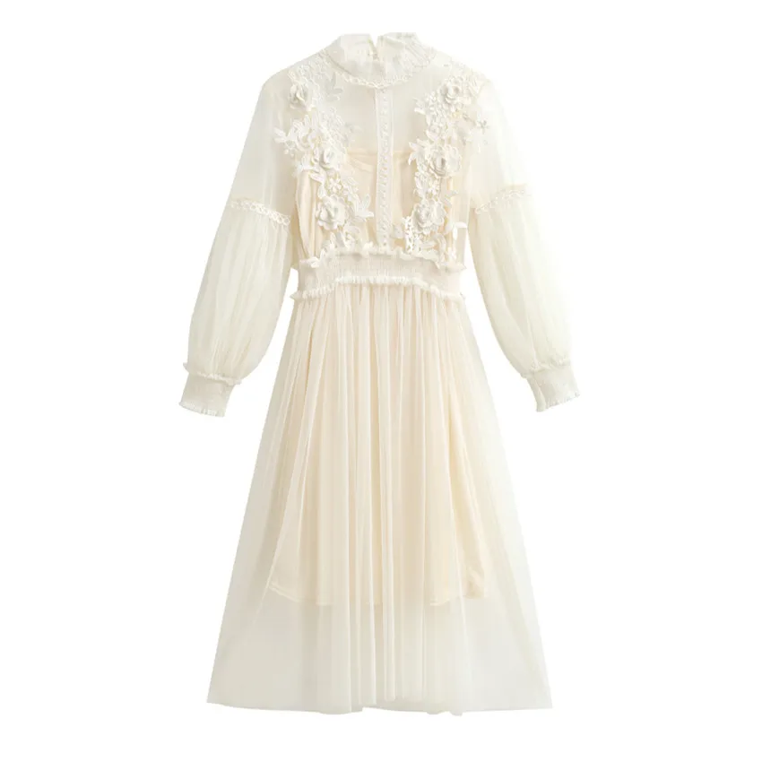 2018 New Fashion Spring Women Flower Lantern Sleeve Dresses Summer Two Piece Mesh Dress Long Sexy Dress Clothing Vestidos WZ196