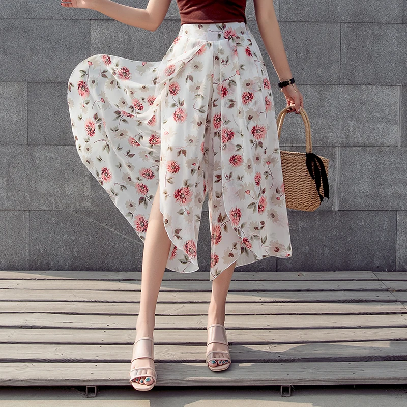 

Gkfnmt 2019 Women Casual Loose Wide Leg Pants Boho Beach Trousers Stretch Chiffon Floral Pants Summer Pants Plus Size M-5XL