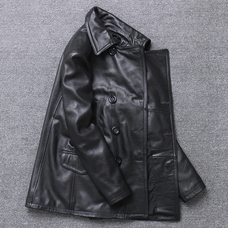 Discount Mens Genuine Leather Jackets and Coats Real Cow Cowhide Luxury Trench Style Double Breasted Autumn Winter Outerwear Overcoat Men 3