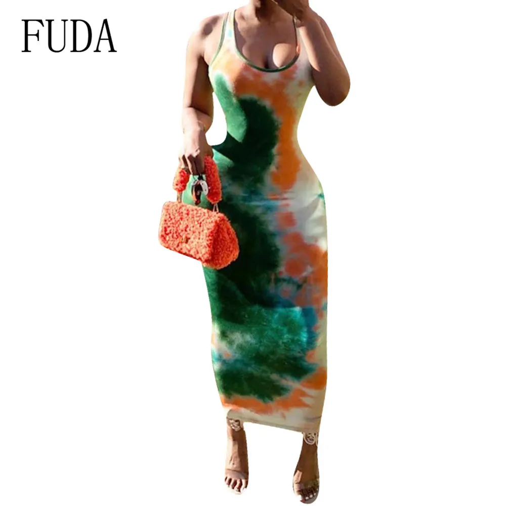 

FUDA Vintage Tie Dyeing Print Bodycon Dress Women Sleeveless Slim Fit Pencil Summer Dress Elegant Party Dresses Vestidos Verano