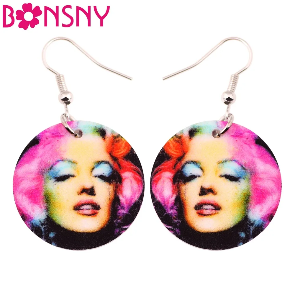 

Bonsny Drop Dangle Big Round Sexy Marilyn Monroe Printing Earrings For Women Newest Fashion Accessories Unique Acrylic Jewelry