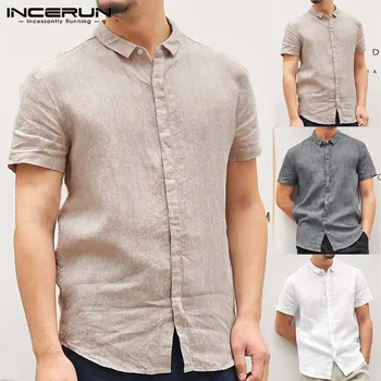 

INCERUN 2020 Men Casual Shirt Loose Fit Short Sleeve Button Tops Stylish Streetwear Solid Color Camisa Social Brand Shirts Men