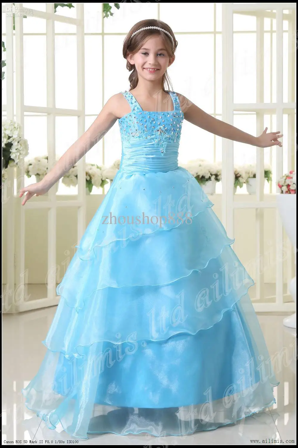 Light Blue Girl Kids Pageant Dress Bridesmaid Dance Party Princess Ball