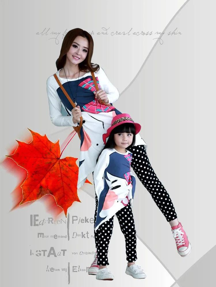 Комплект одежды осень года футболка с длинным рукавом с рисунком замка+ гетры в горошек семейный комплект одежды для матери и дочери A6016