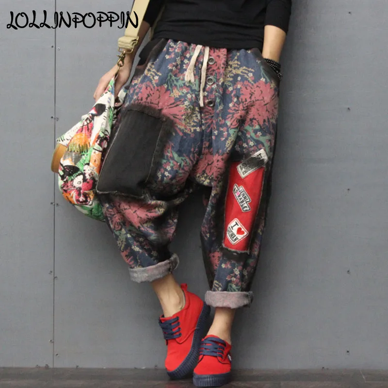 

Women Floral Printing Harem Jeans Elastic Waist Vintage Patch Denim Pants Garment Washed Ladies Retro Loose Jeans