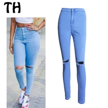 2016 Slim Fit Stretch Отбеливатель Разорвал Отверстие Узкие Джинсы Женщин Pantalon Mujer Джинсовые Брюки Высокой Талией Джинсы Femme #160232