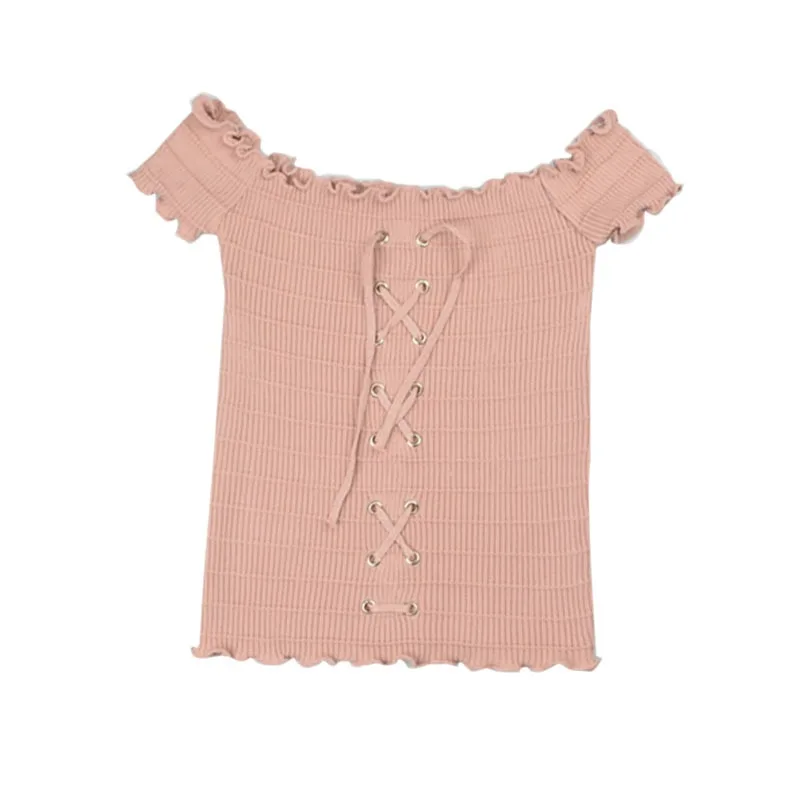 

Summer Sexy Drawstring Lace Up Solid Camis Women Ruffles Knitted Tank Top Sleeveless Short Camisole Off Shoulder Vest Tops