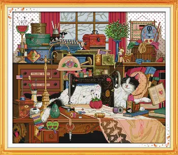 

The Cat and Sewing Machine DMC Cross-stitch 14CT 11CT DIY Needlework Counted Cross Stitch Kits For Embroidery Crafts Home Decor