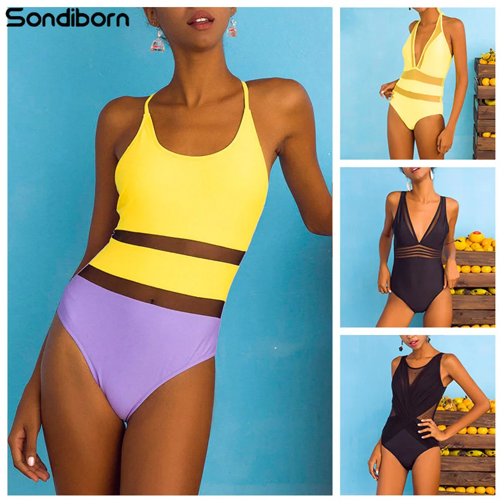 

Sexy Mesh Swimwear Women One Piece Swimsuit 2019 Monokini Patchwork Swimsuits Women Cross Strap Bathing Suit Beachwear Female