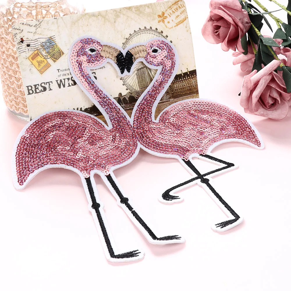 

Flamingo Sequin Patch Applique Embroidery For Clothes Sweater T-shirt Sew-On Iron-On Sticker DIY Clothes Decoration