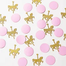 Розовый и золотой блеск Карусель лошадь конфетти, день рождения украшения, крашеные вырезанные конфетти, merry go Круглые Конфетти, Таблица разброса