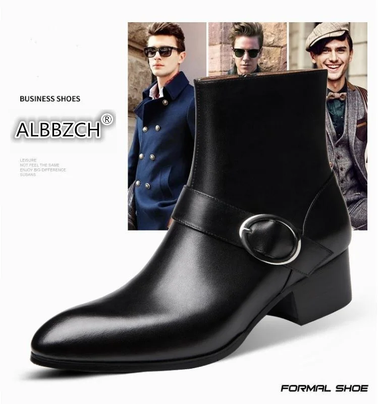 Осень-зима мужские натуральная кожа зимние ботинки мужские Обувь на высоком каблуке с пряжкой с острым носком деловые рабочие ботинки размер 44
