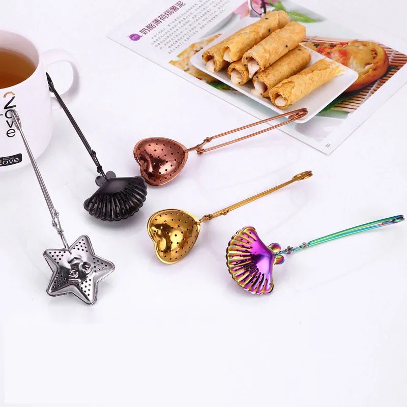

Chic Stainless Steel Tea Infuser Creative Design Tea Clip Filter Net Gold Shell Heart Star Halogen Spices Herb Leaking Tools 1pc