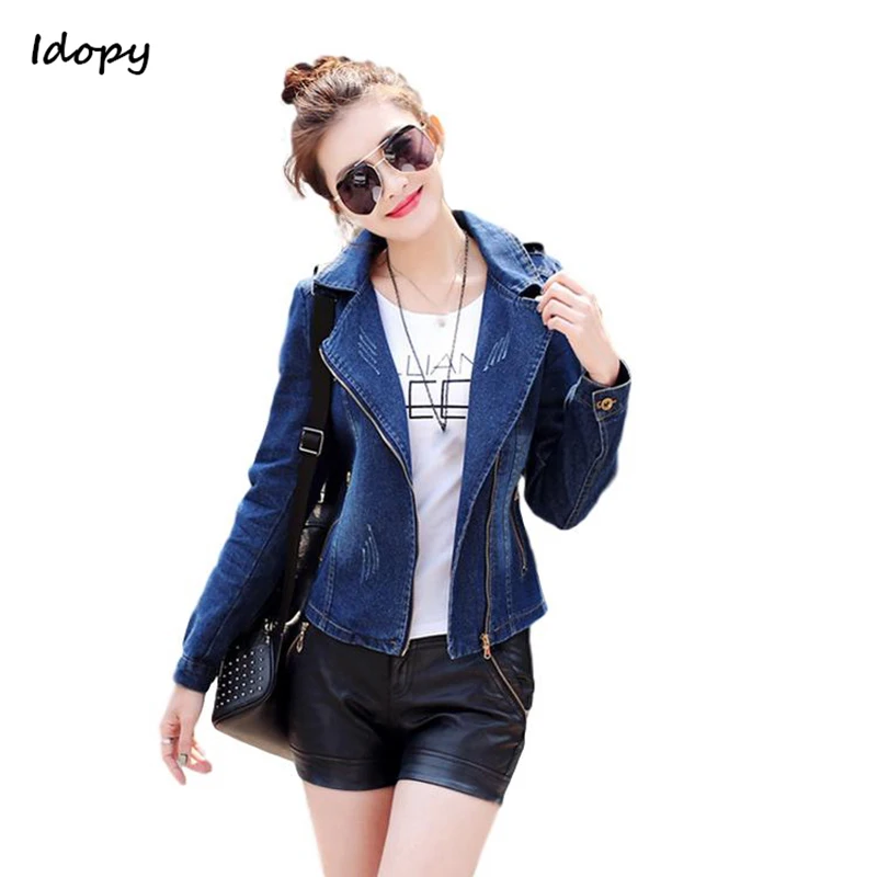 

Idopy Womens Girls Casual Slim Fit Motorcycle Long Sleeve Label Collar Coat Trucker Biker Denim Jean Jacket Coat Blue For Women