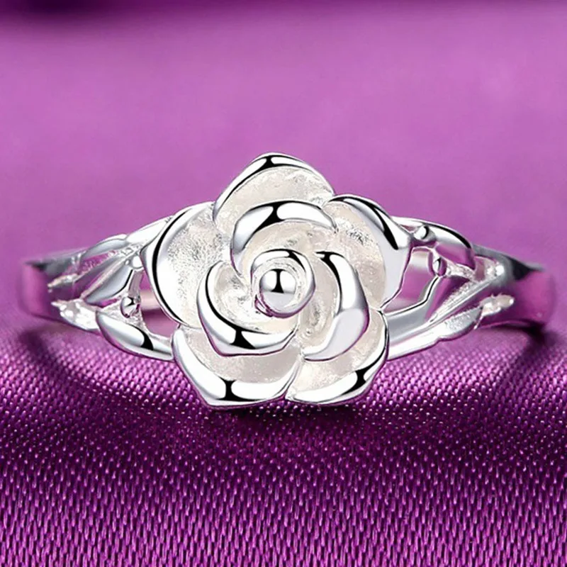 

Fashion Silver Color Rings Rose Flower Open Ring Hollow Out Design Finger Ring Jewelry Valentine's Day Gift