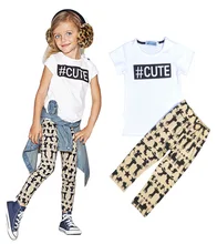 Girls suit 2016 summer new girls fashion movement suit girls letters printing T-shirt + cartoon animals printed pants 2PCS suit