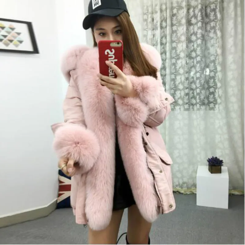 

MaoMaoKong 2018 new long fashion denim winter jacket women natural real fox fur coat hooded faux fur Liner warm thick parkas